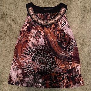 Notations Brown Abstract Multicolor Beaded Neck Tank Top Women’s Size Small
